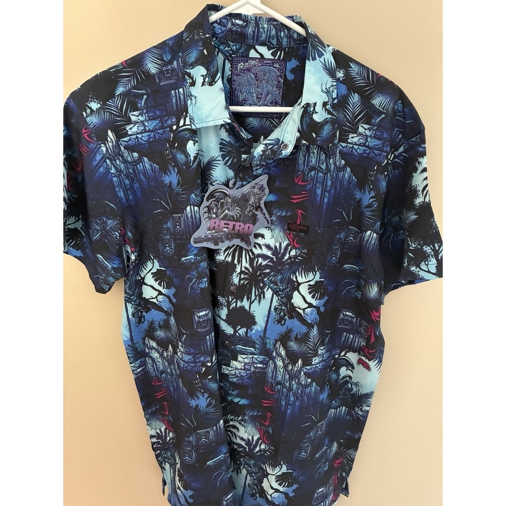 Retro Rifle The Apex War Button Down Shirt Blue, Alien vs. Predator AVP XL